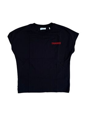 Sandro Black Cap Tee with Red "THANKS" Chest Print